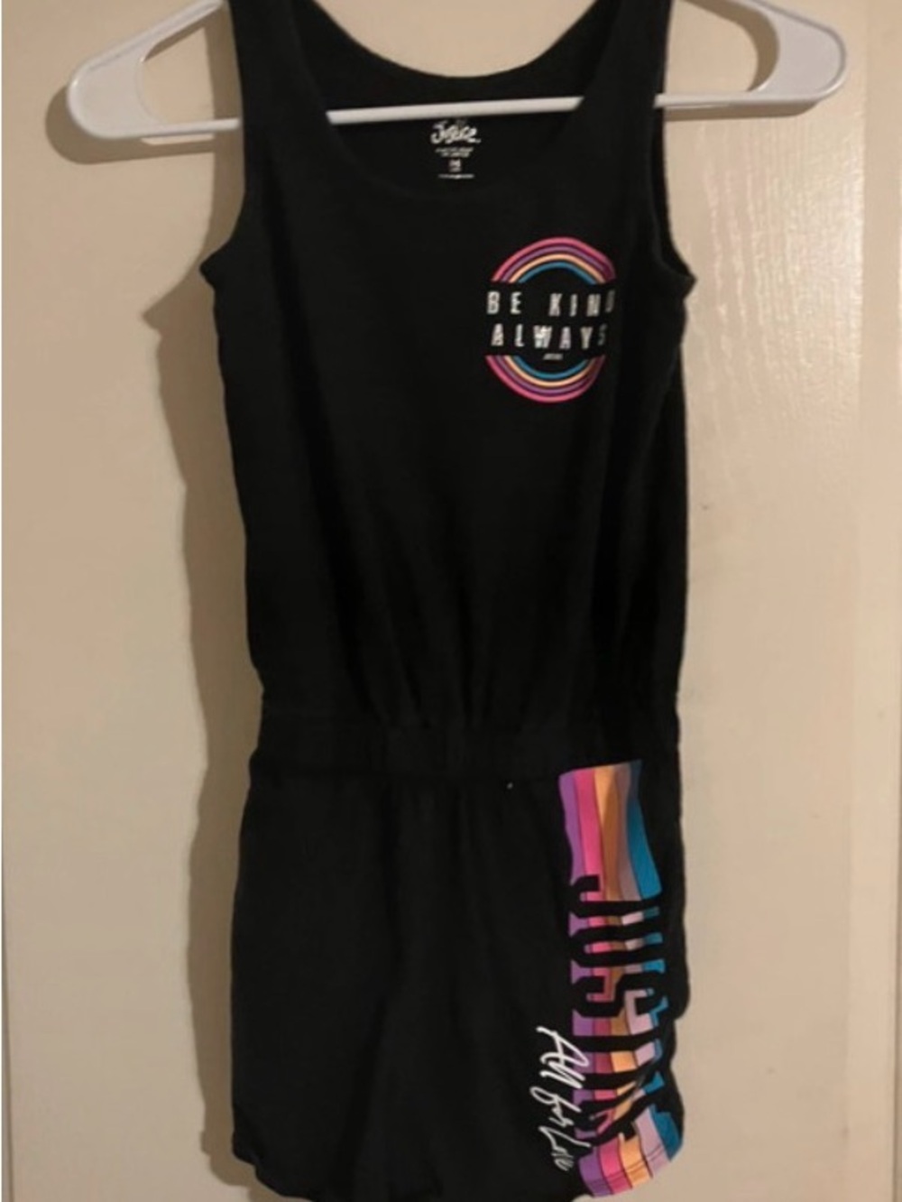 Justice Black Kids One-Piece Romper with Rainbow Accents